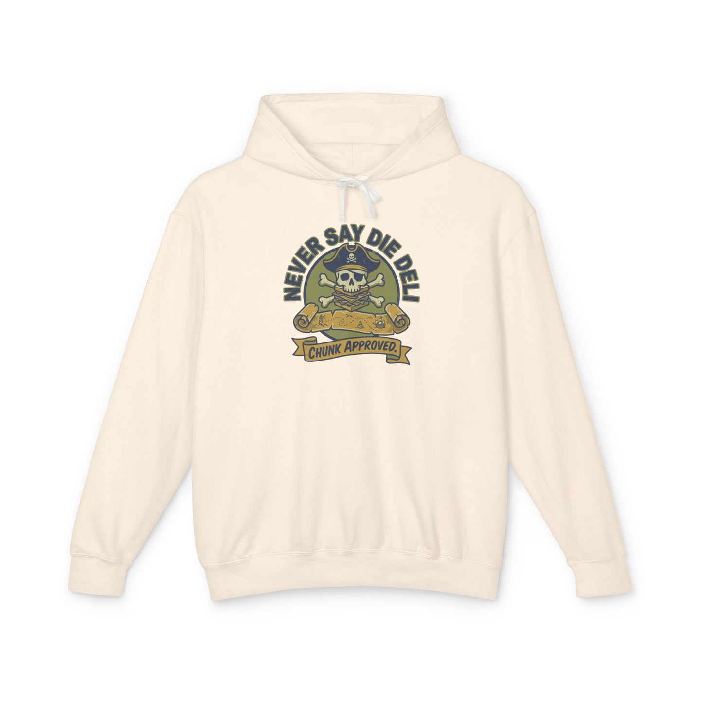 Never Say Die Deli Pullover Hoodie — Vintage Goonies-Inspired Hooded Sweatshirt