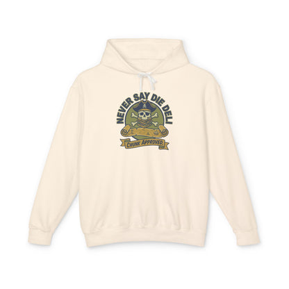 Never Say Die Deli Pullover Hoodie — Vintage Goonies-Inspired Hooded Sweatshirt