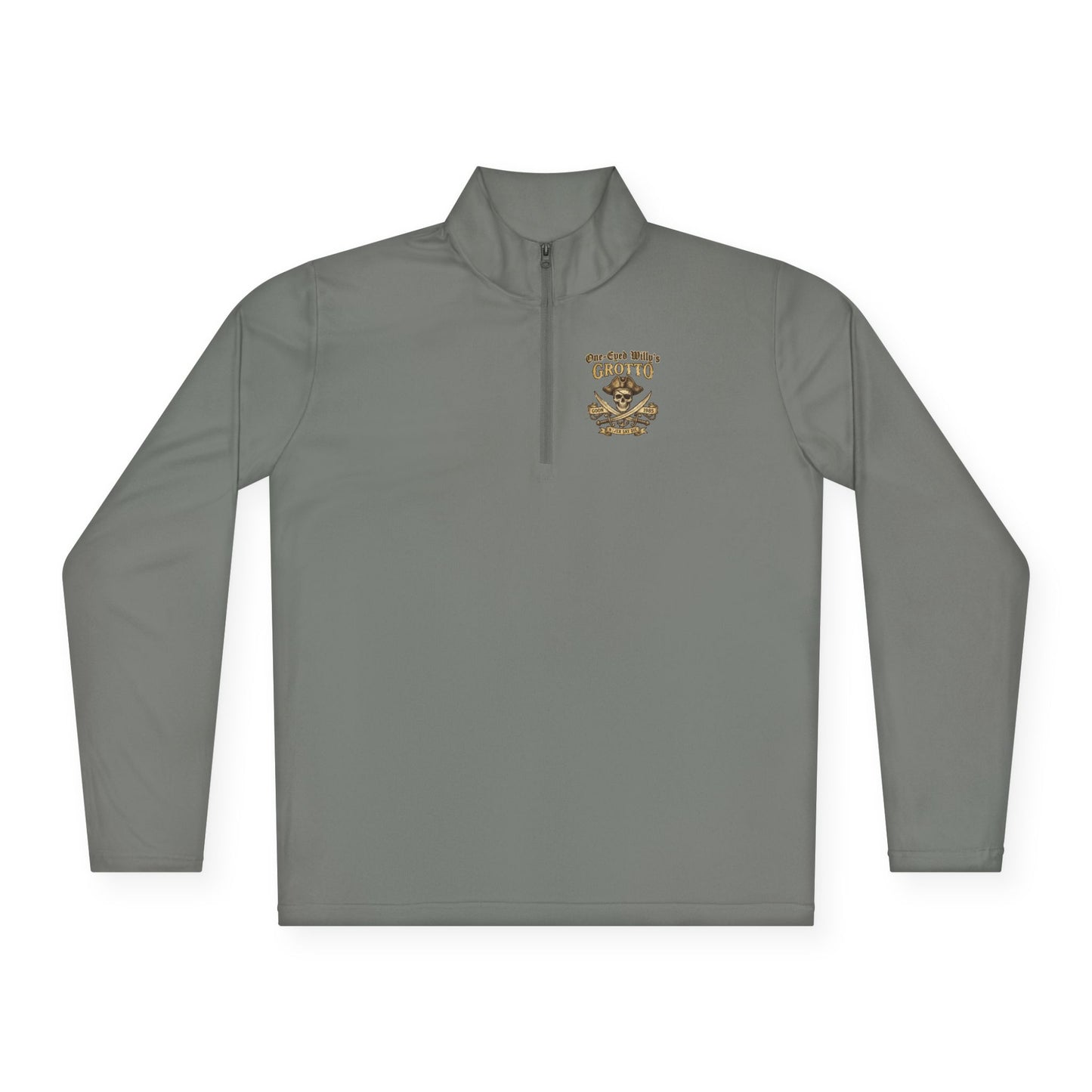 Quarter-Zip Pullover — "One-Eyed Willy's Grotto" Pirate Skull Fishing Pullover