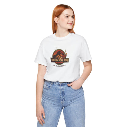Jurassic Pork BBQ T-Shirt — Funny Dino Grilling Tee ("Jurassic Pork BBQ")