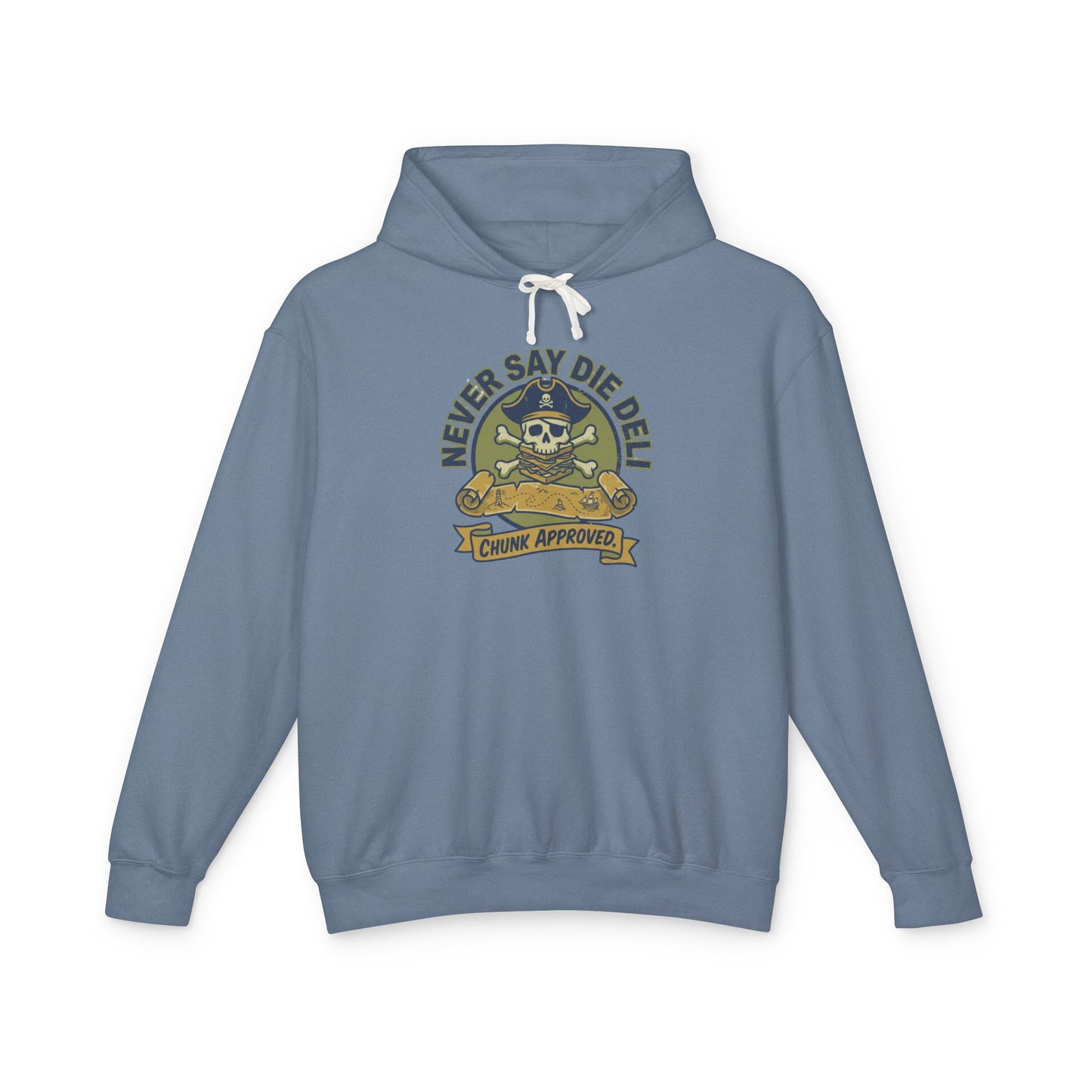 Never Say Die Deli Pullover Hoodie — Vintage Goonies-Inspired Hooded Sweatshirt