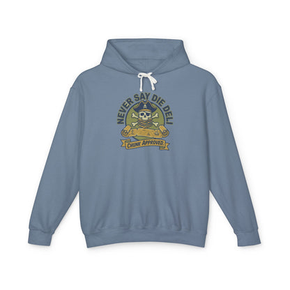 Never Say Die Deli Pullover Hoodie — Vintage Goonies-Inspired Hooded Sweatshirt