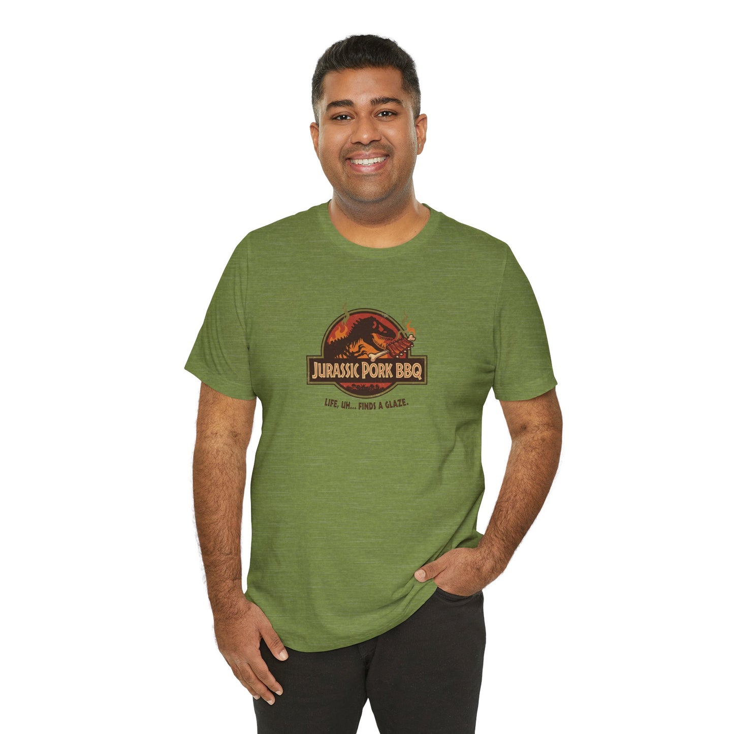 Jurassic Pork BBQ T-Shirt — Funny Dino Grilling Tee ("Jurassic Pork BBQ")