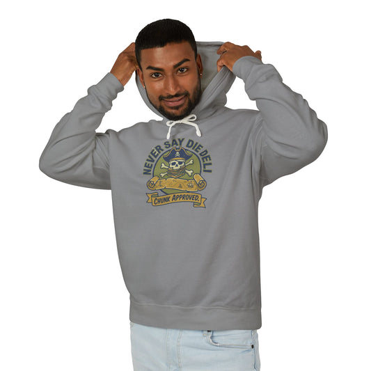 Never Say Die Deli Pullover Hoodie — Vintage Goonies-Inspired Hooded Sweatshirt