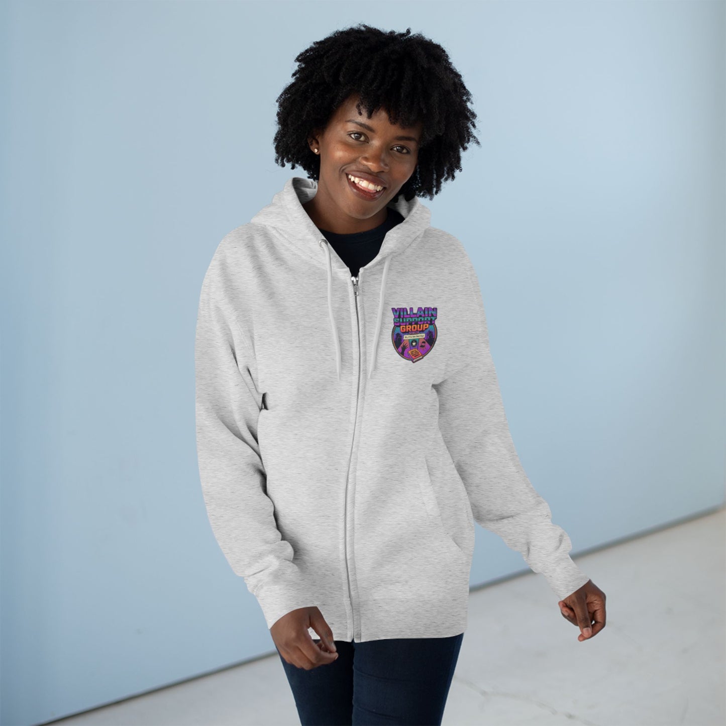 Villain Support Group Zip Hoodie — Retro Comic Supervillain Graphic