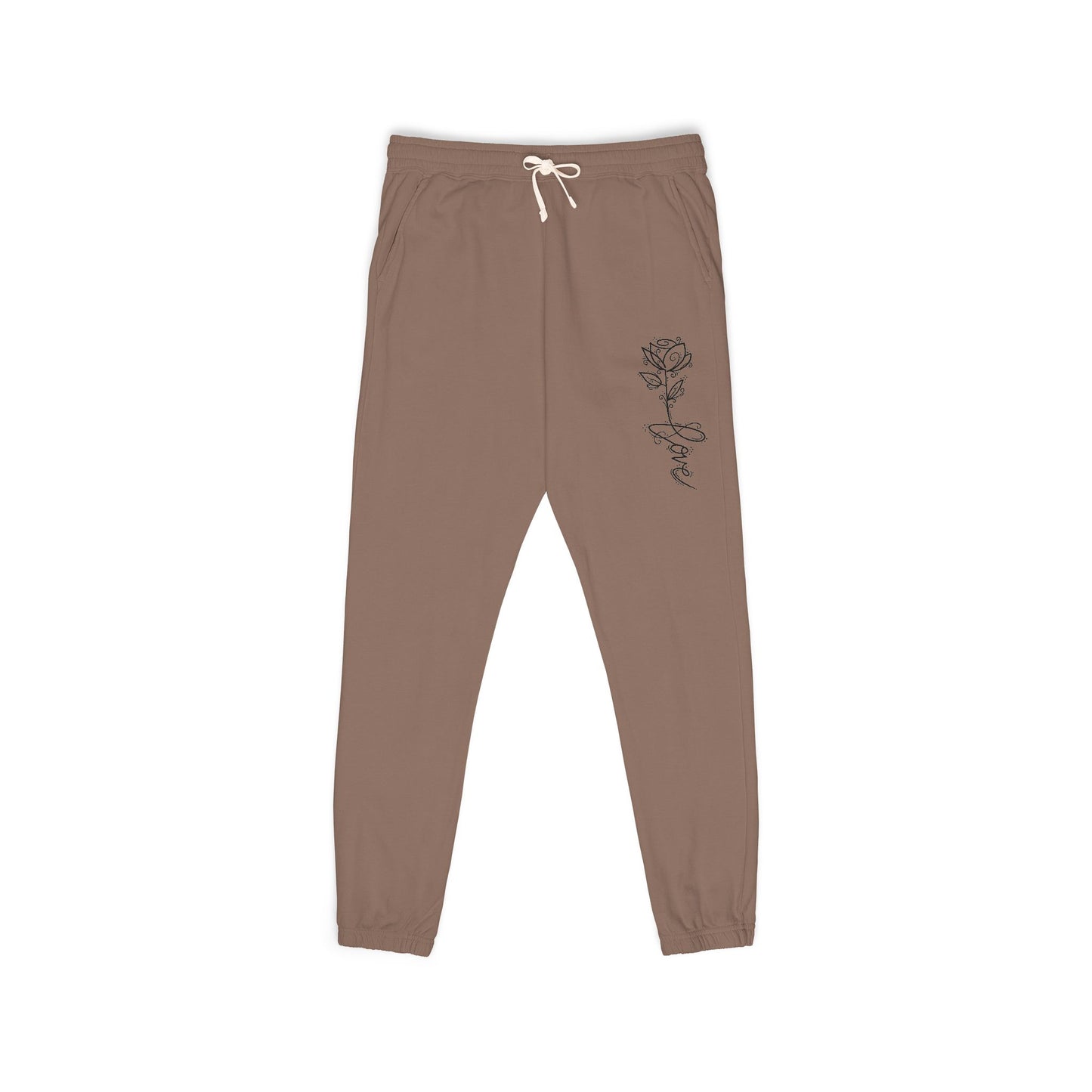 Rose Script Sweatpants — Garment-Dyed Fleece Joggers with Rose & "Love" Script