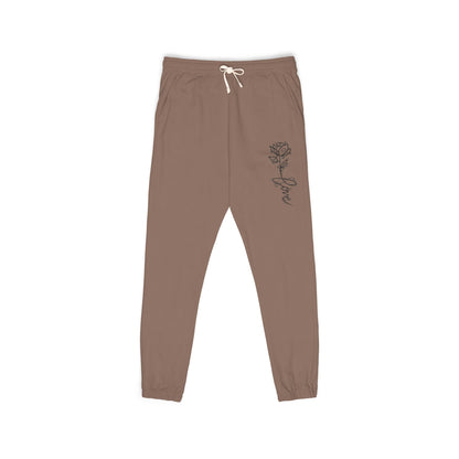 Rose Script Sweatpants — Garment-Dyed Fleece Joggers with Rose & "Love" Script