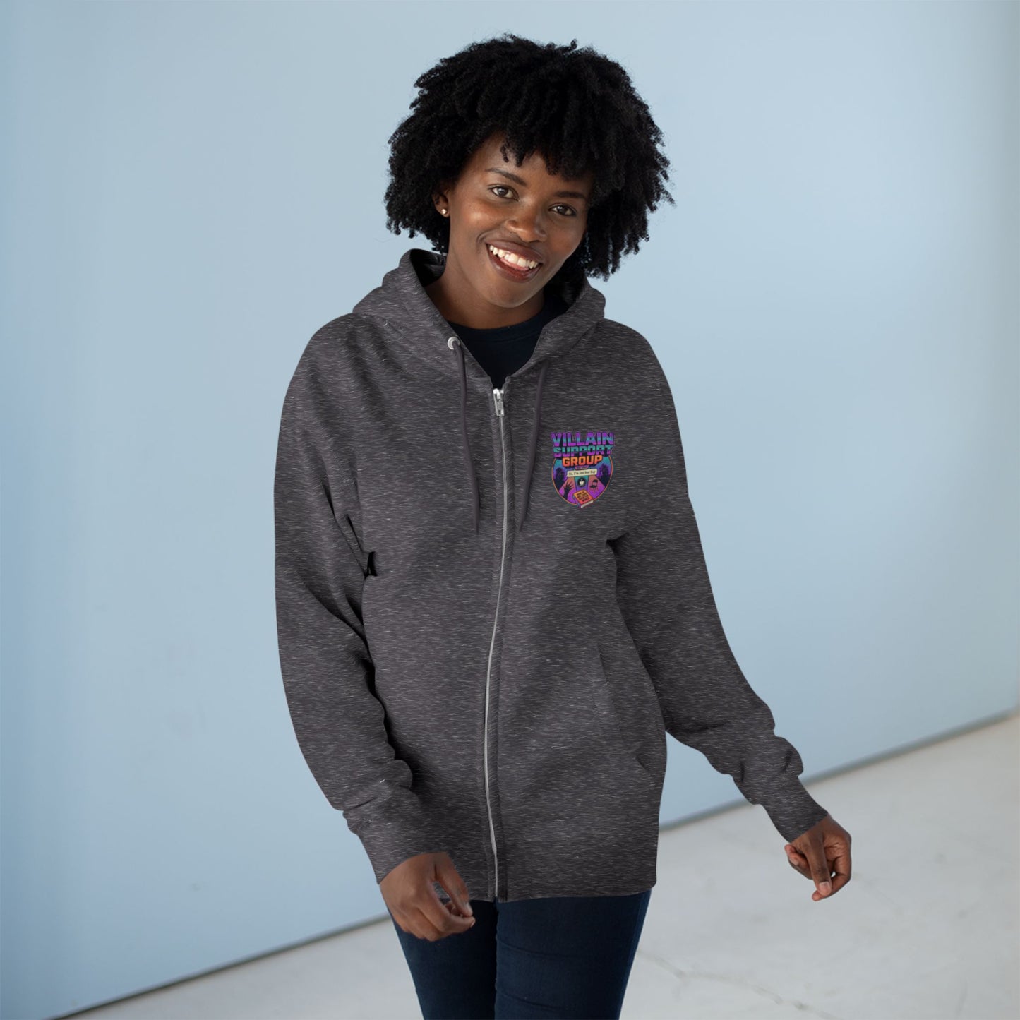Villain Support Group Zip Hoodie — Retro Comic Supervillain Graphic