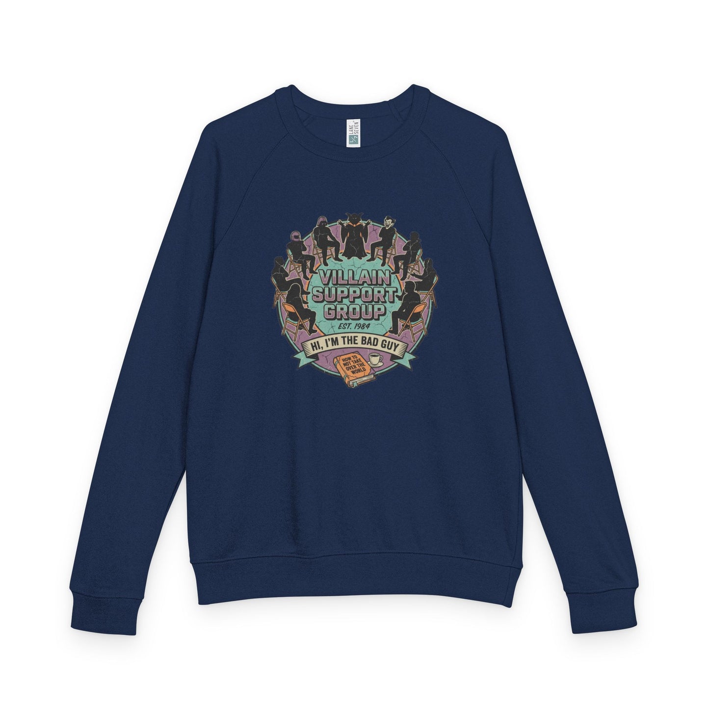 Villain Support Group Crewneck Sweatshirt — Fun Retro Graphic Pullover (We’re the Bad Guys)