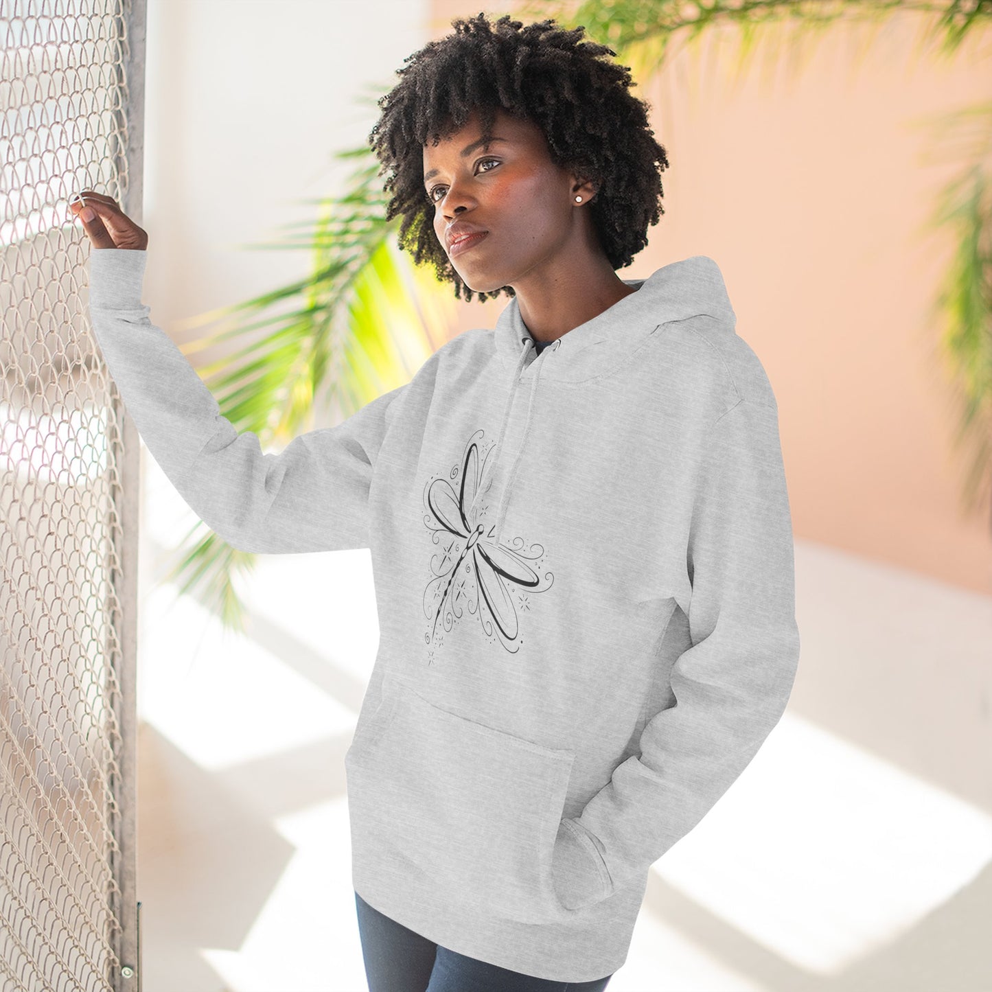 Dragonfly Minimalist Hoodie — Subtle Line Art Fleece Pullover