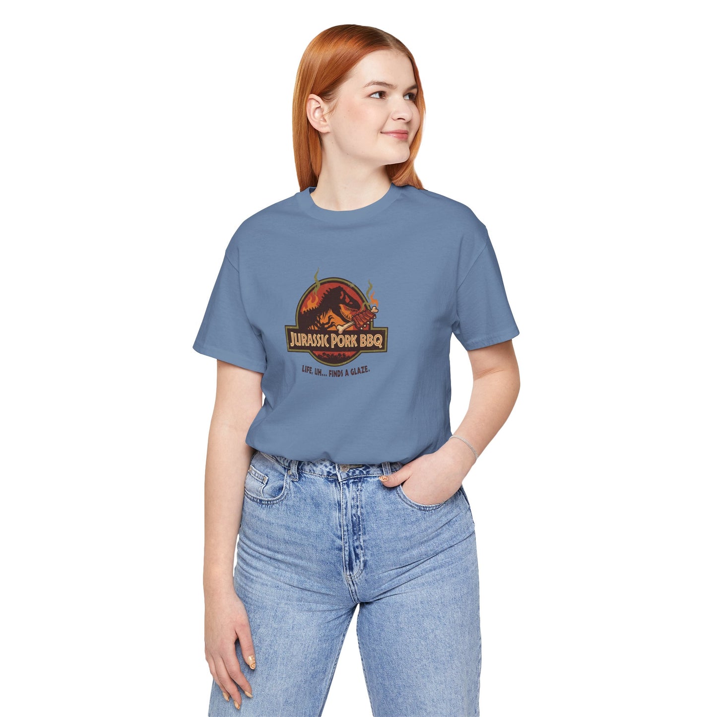 Jurassic Pork BBQ T-Shirt — Funny Dino Grilling Tee ("Jurassic Pork BBQ")