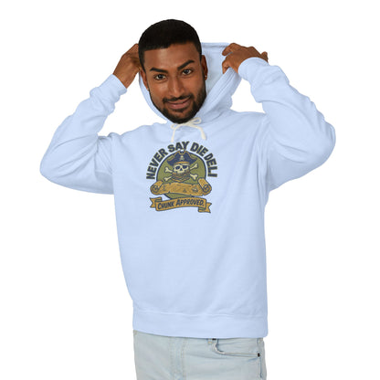 Never Say Die Deli Pullover Hoodie — Vintage Goonies-Inspired Hooded Sweatshirt