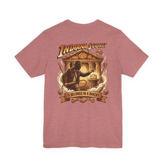 Indiana Scones Bakery Pop-Parody T‑Shirt — "It Belongs in a Bakery" Vintage 80's Adventure Bakery Tee