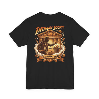 Indiana Scones Bakery Pop-Parody T‑Shirt — "It Belongs in a Bakery" Vintage 80's Adventure Bakery Tee