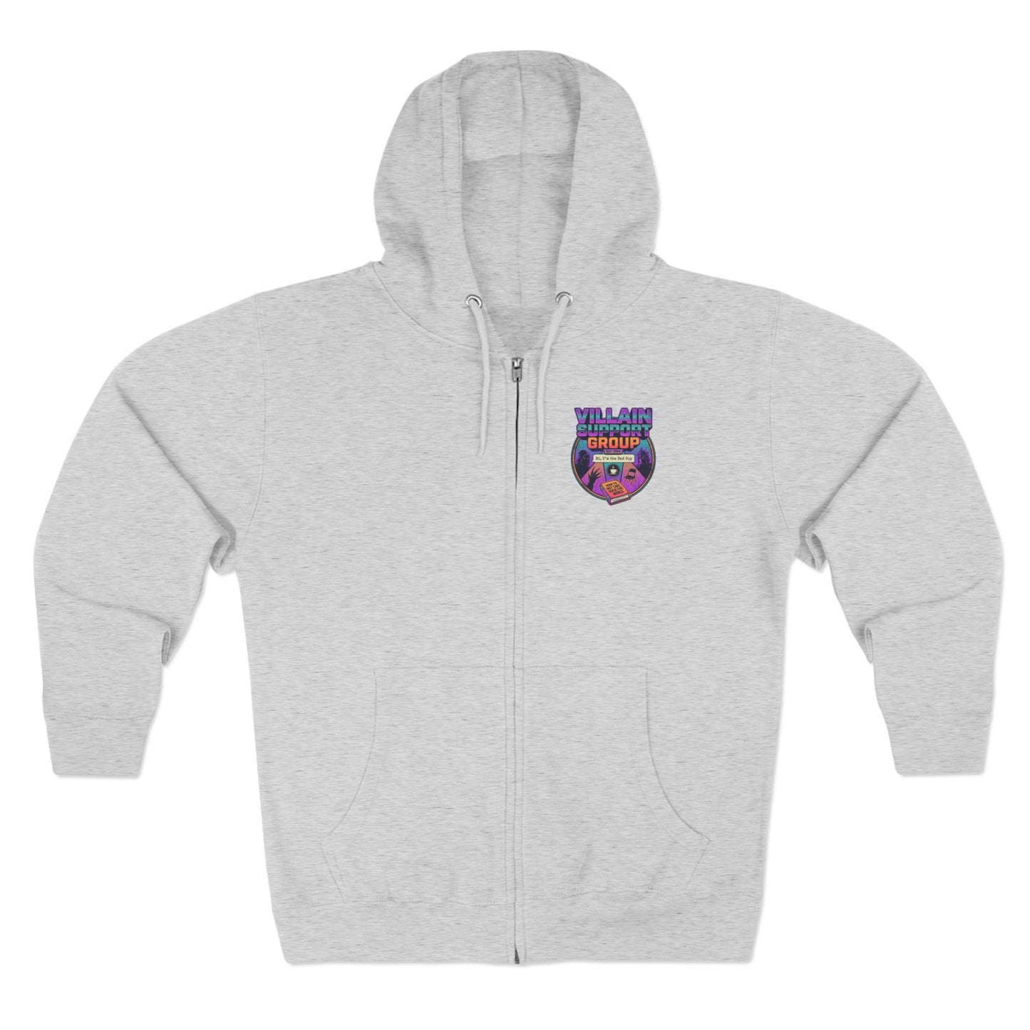 Villain Support Group Zip Hoodie — Retro Comic Supervillain Graphic