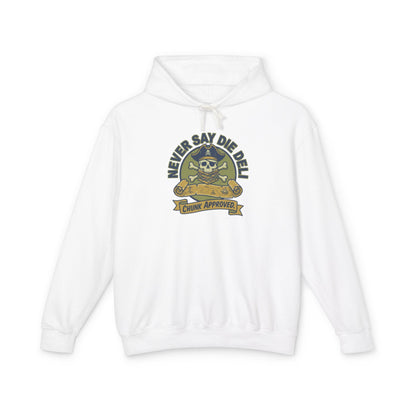 Never Say Die Deli Pullover Hoodie — Vintage Goonies-Inspired Hooded Sweatshirt
