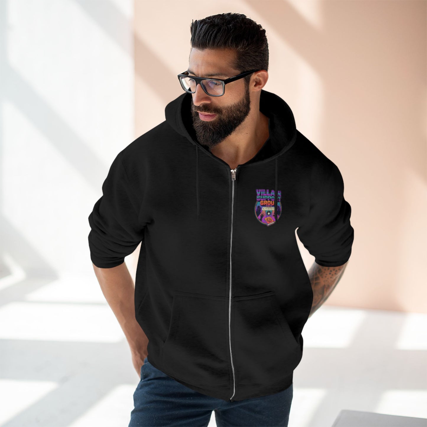 Villain Support Group Zip Hoodie — Retro Comic Supervillain Graphic