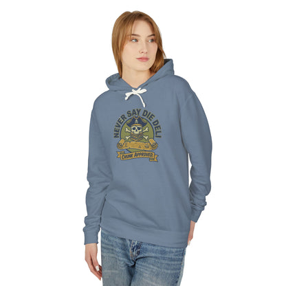 Never Say Die Deli Pullover Hoodie — Vintage Goonies-Inspired Hooded Sweatshirt