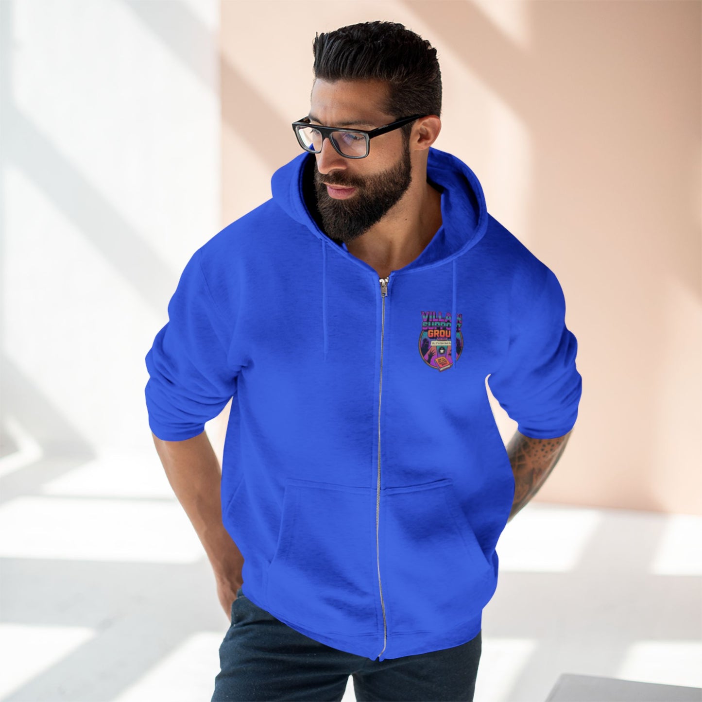 Villain Support Group Zip Hoodie — Retro Comic Supervillain Graphic