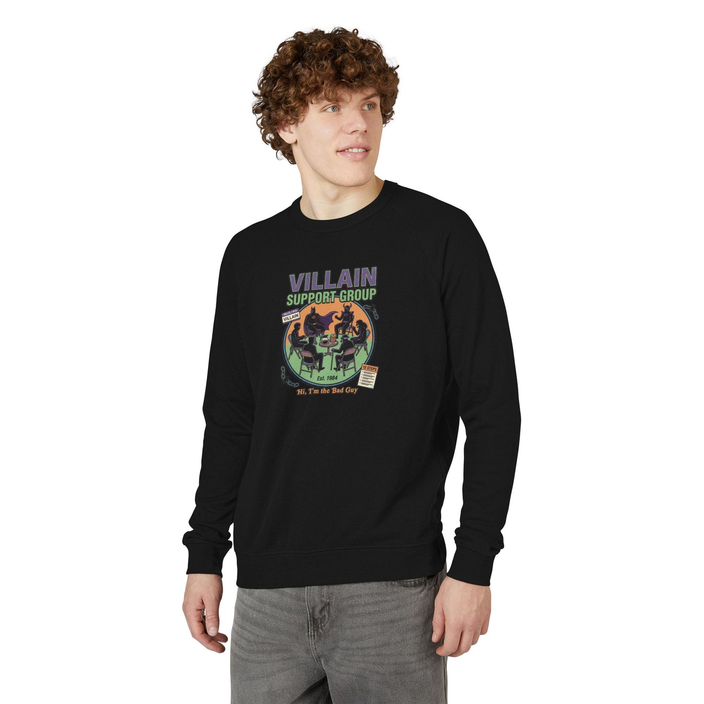 Villain Support Group Crewneck Sweatshirt – Retro Horror Comic Graphic