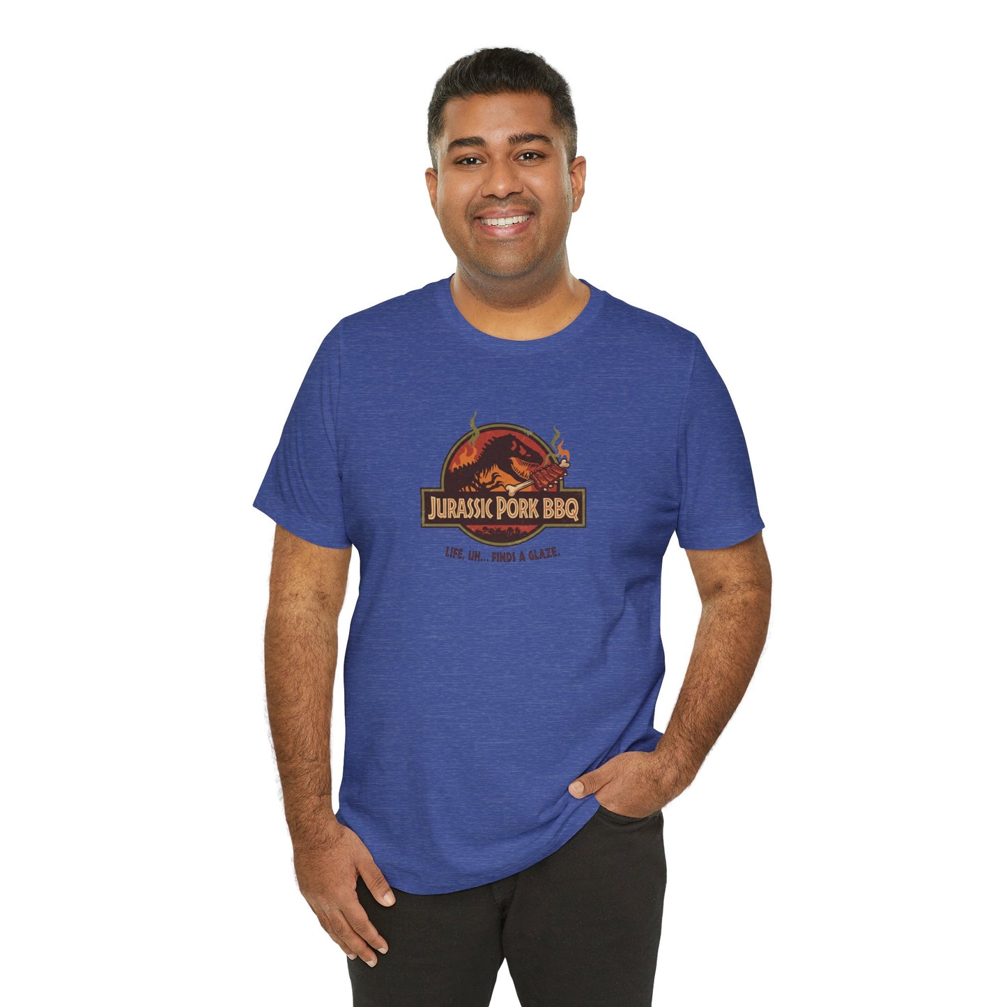 Jurassic Pork BBQ T-Shirt — Funny Dino Grilling Tee ("Jurassic Pork BBQ")