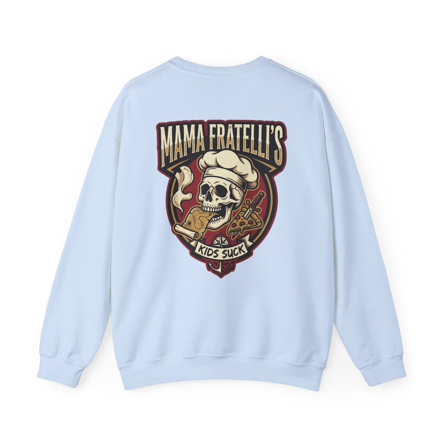 Mama Fratelli's Pizza Shoppe "By the Slice" Crewneck Sweatshirt - Kids Suck 80's Retro Graphic Crew