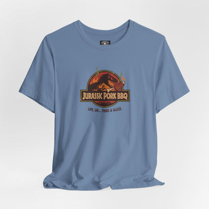 Jurassic Pork BBQ T-Shirt — Funny Dino Grilling Tee ("Jurassic Pork BBQ")