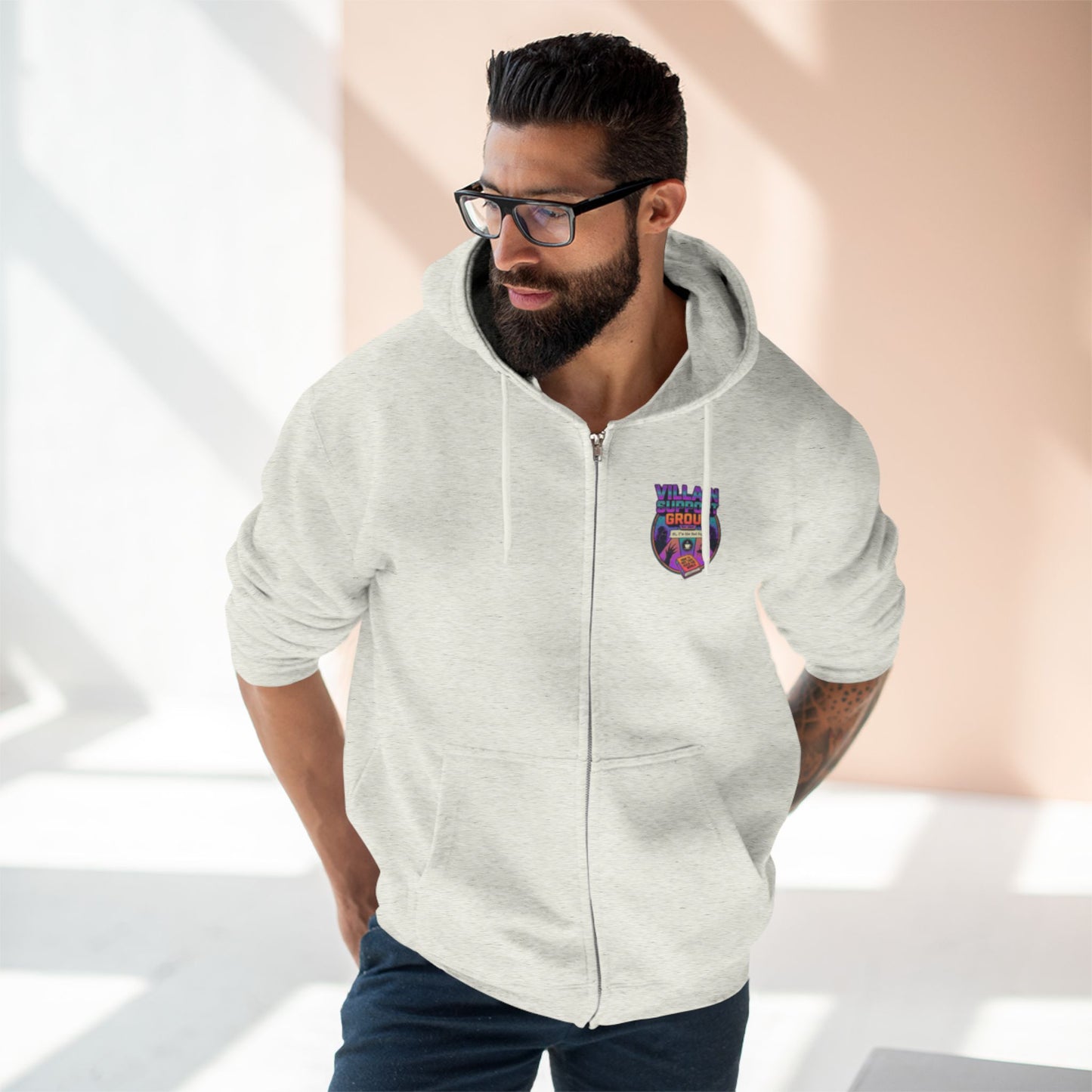 Villain Support Group Zip Hoodie — Retro Comic Supervillain Graphic