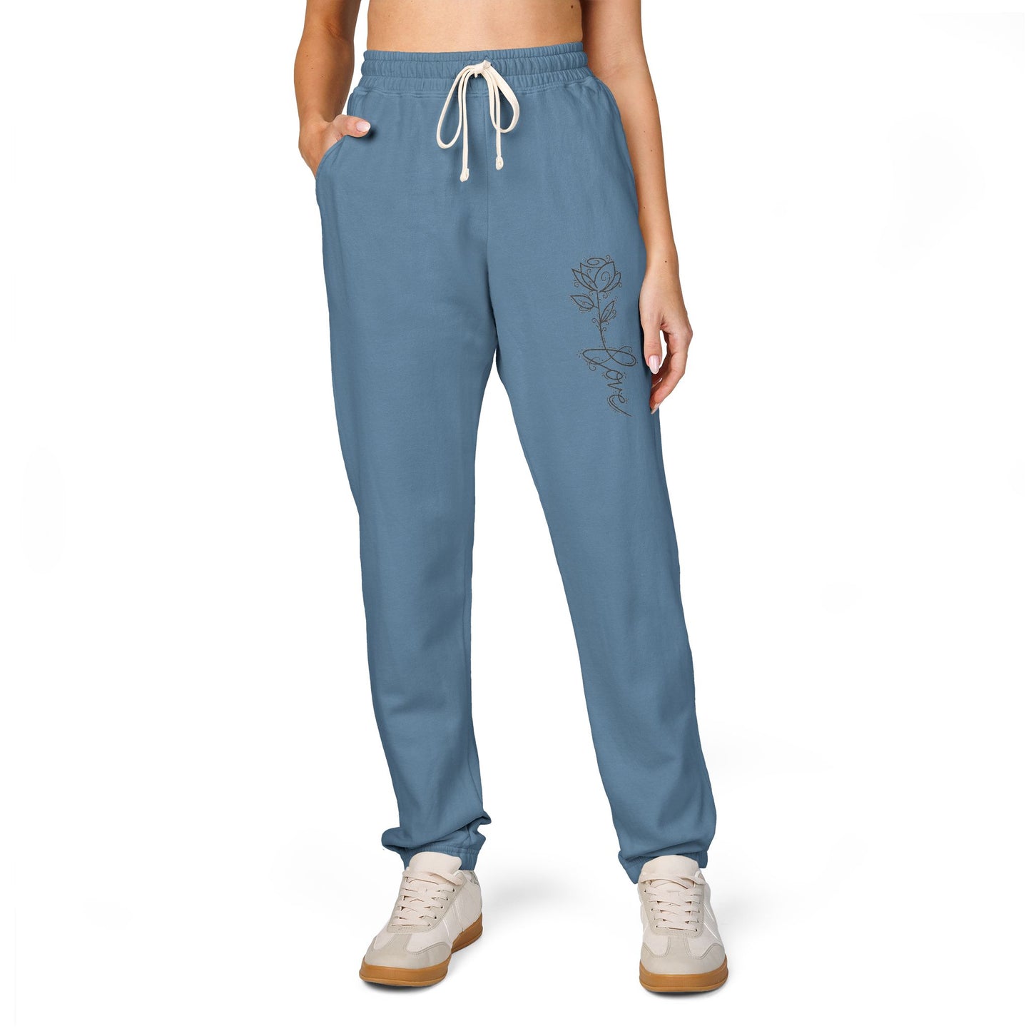 Rose Script Sweatpants — Garment-Dyed Fleece Joggers with Rose & "Love" Script
