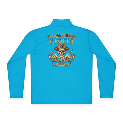 Quarter-Zip Pullover — "One-Eyed Willy's Grotto" Pirate Skull Fishing Pullover
