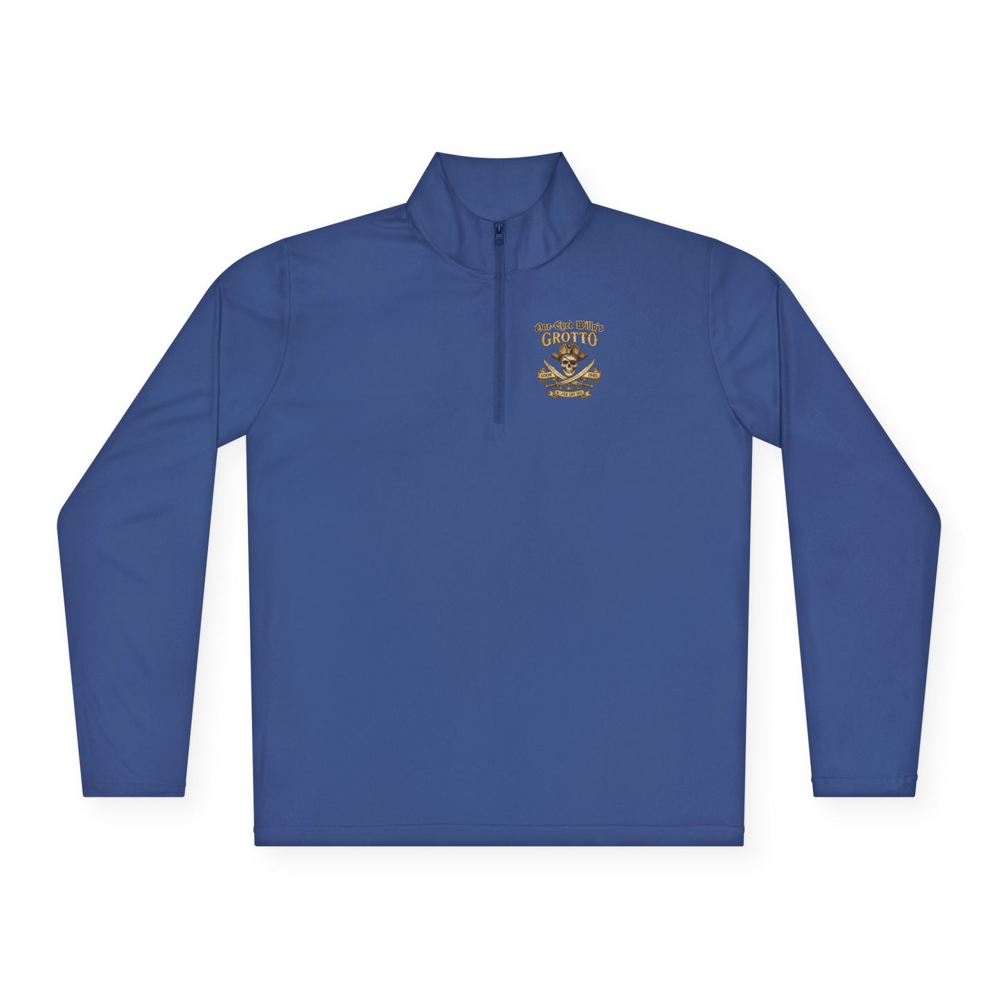 Quarter-Zip Pullover — "One-Eyed Willy's Grotto" Pirate Skull Fishing Pullover