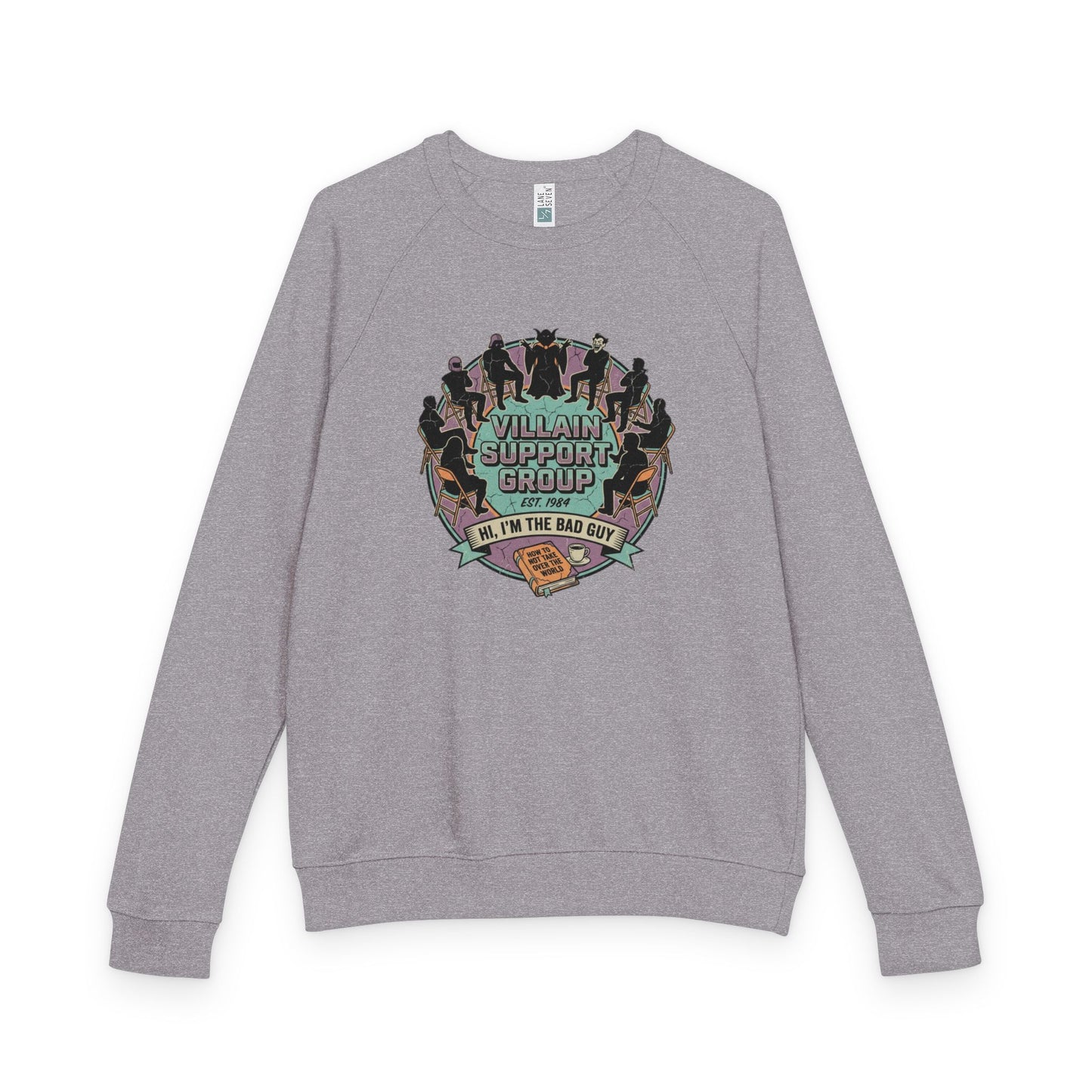 Villain Support Group Crewneck Sweatshirt — Fun Retro Graphic Pullover (We’re the Bad Guys)