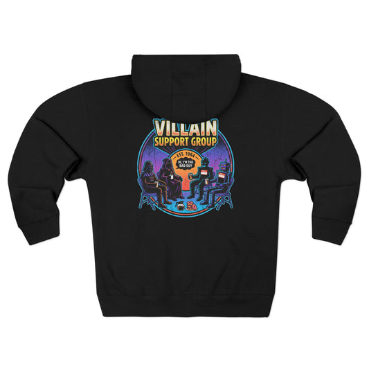 Villain Support Group Zip Hoodie — Retro Comic Supervillain Graphic