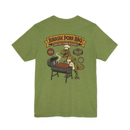 Jurassic Pork BBQ T-Shirt — Funny Dino Grilling Tee ("Jurassic Pork BBQ")
