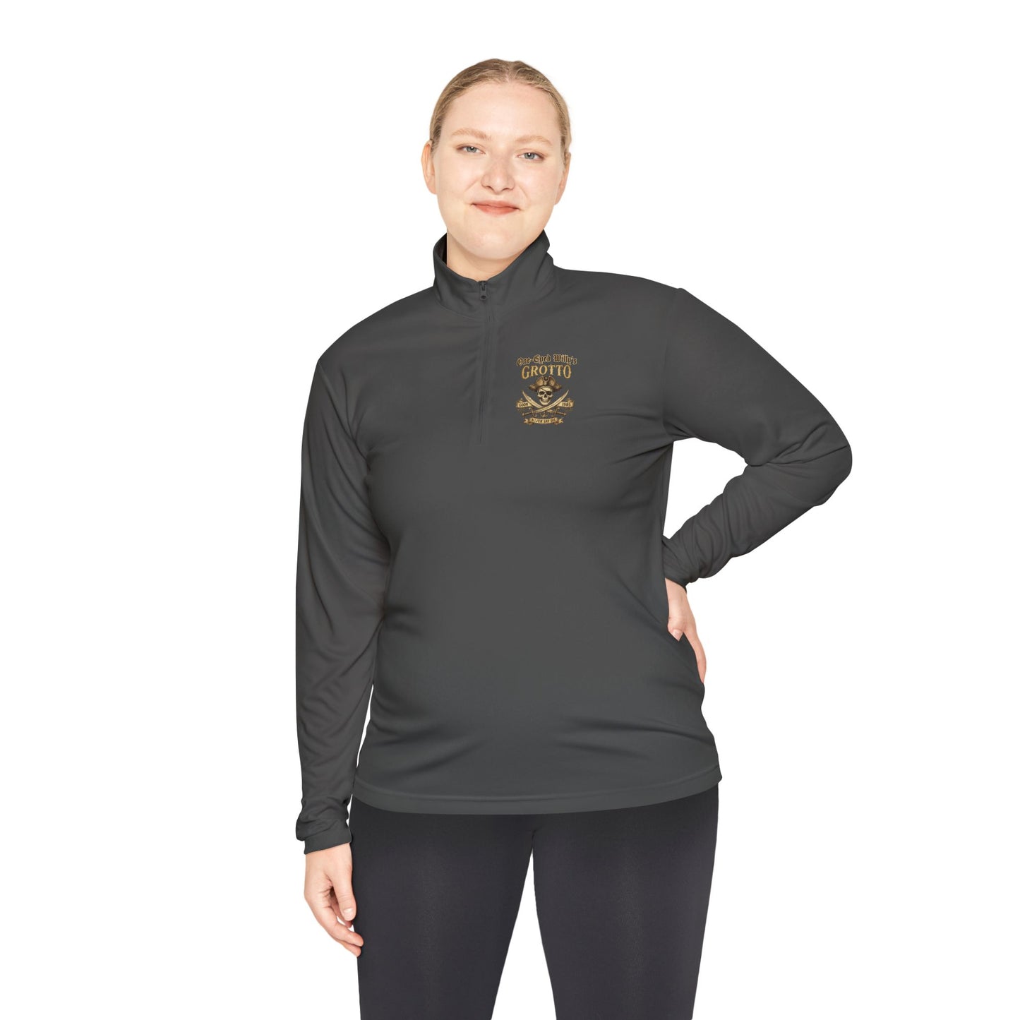 Quarter-Zip Pullover — "One-Eyed Willy's Grotto" Pirate Skull Fishing Pullover