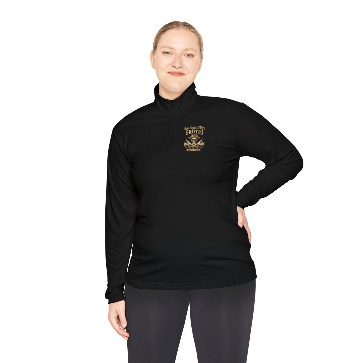 Quarter-Zip Pullover — "One-Eyed Willy's Grotto" Pirate Skull Fishing Pullover
