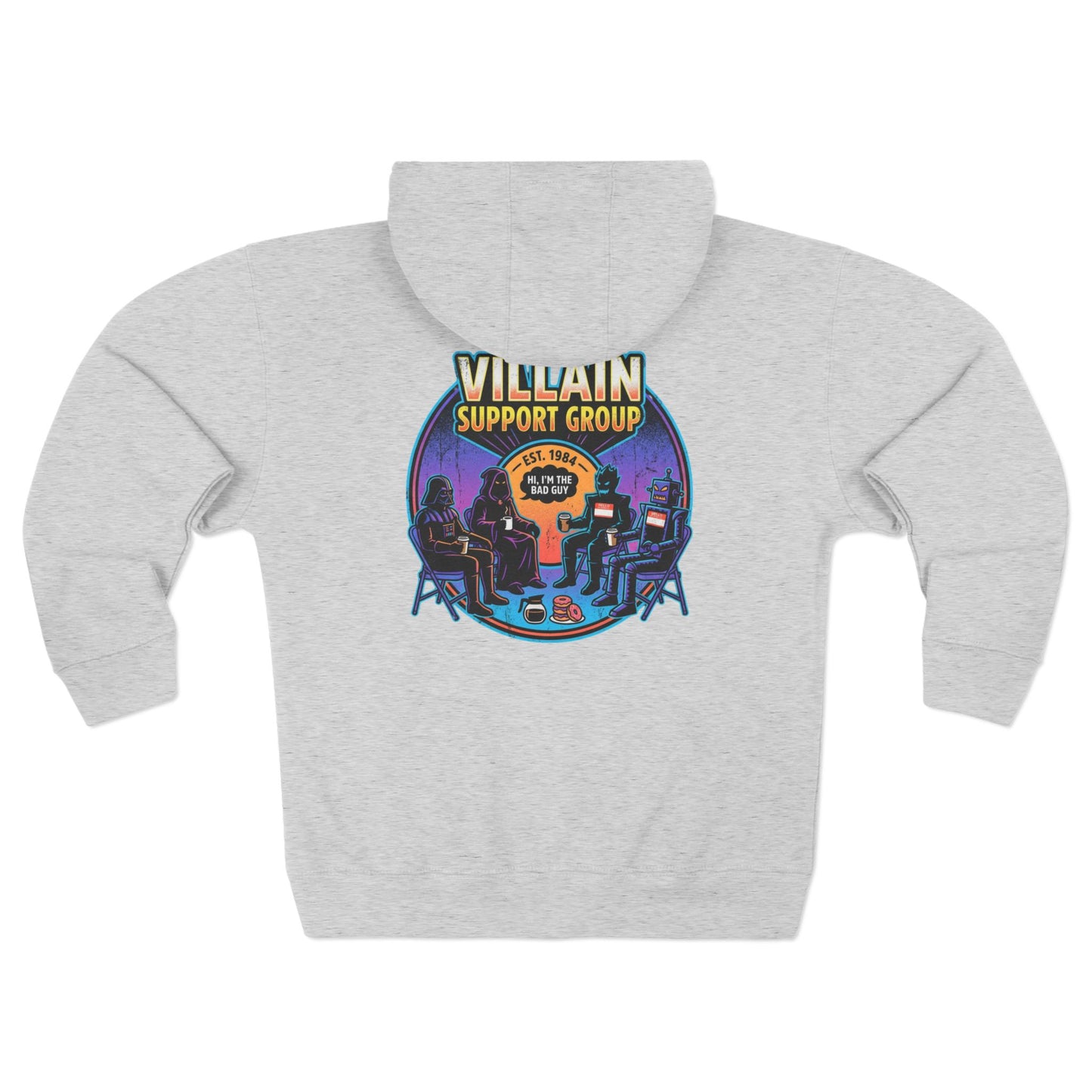 Villain Support Group Zip Hoodie — Retro Comic Supervillain Graphic