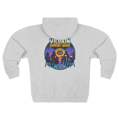 Villain Support Group Zip Hoodie — Retro Comic Supervillain Graphic