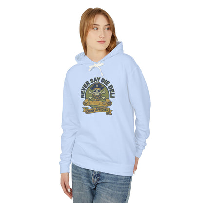 Never Say Die Deli Pullover Hoodie — Vintage Goonies-Inspired Hooded Sweatshirt