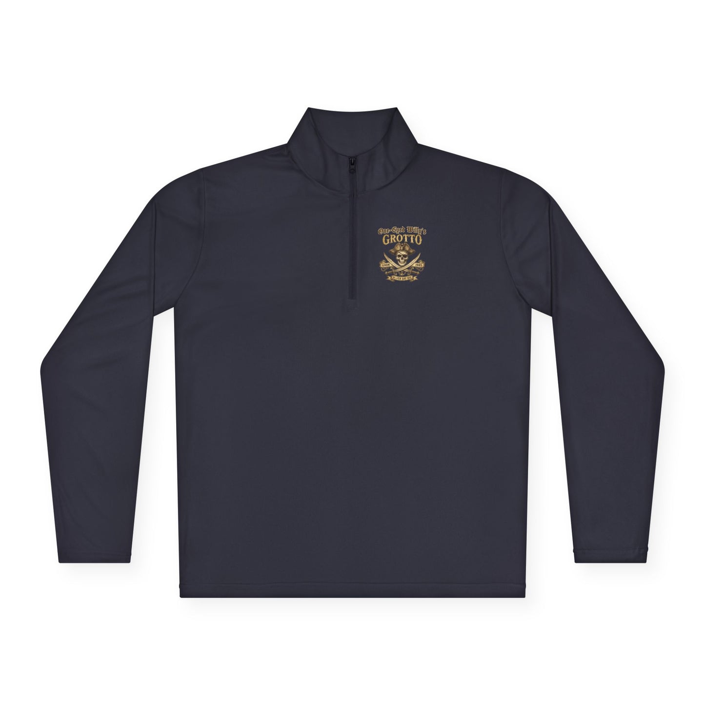 Quarter-Zip Pullover — "One-Eyed Willy's Grotto" Pirate Skull Fishing Pullover