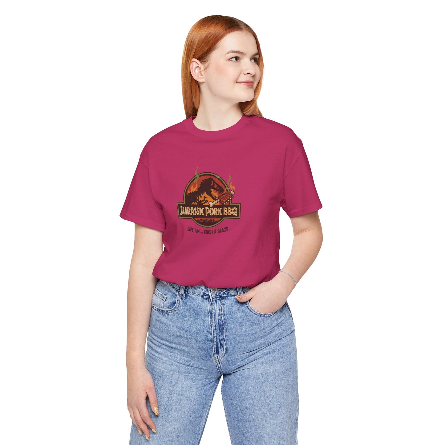 Jurassic Pork BBQ T-Shirt — Funny Dino Grilling Tee ("Jurassic Pork BBQ")