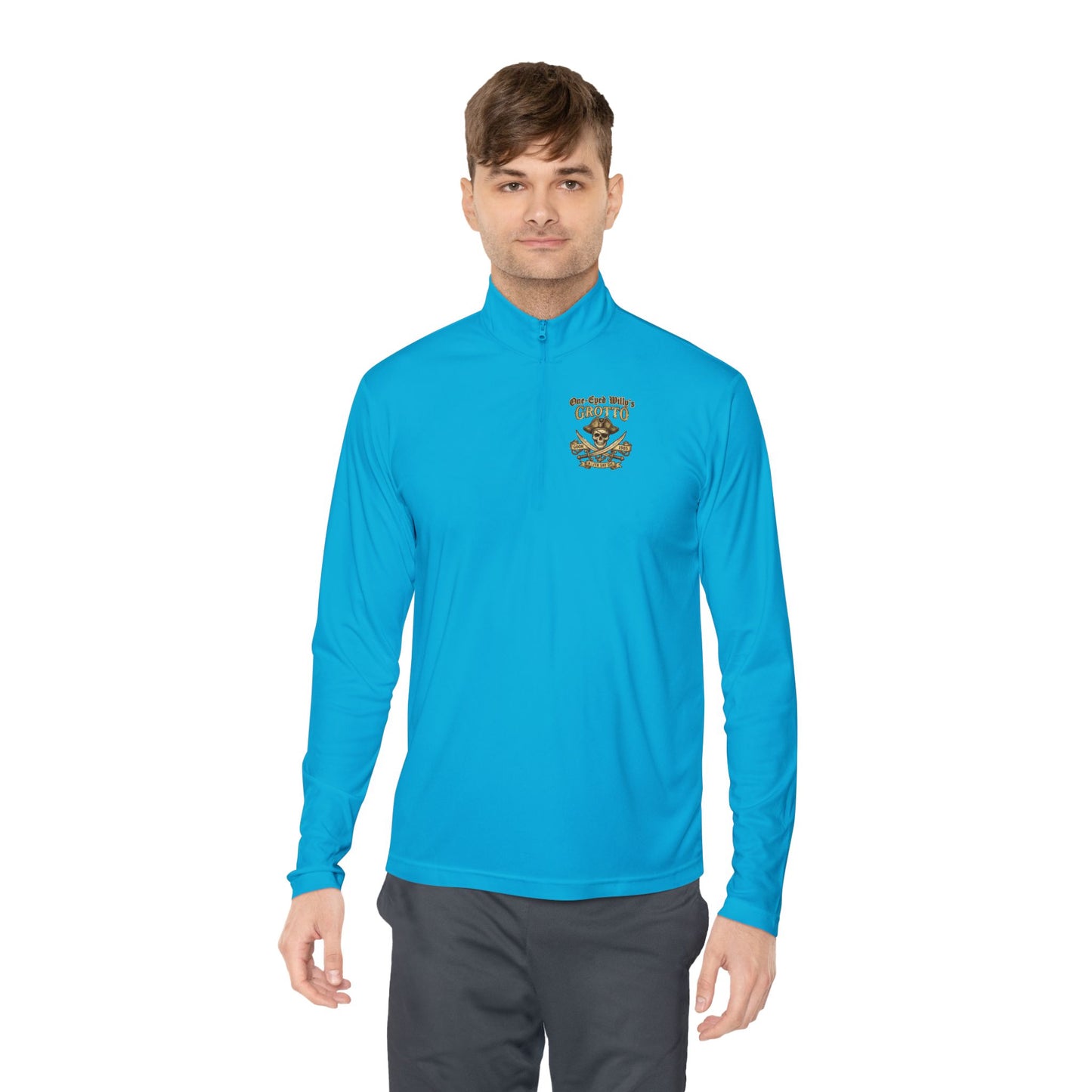 Quarter-Zip Pullover — "One-Eyed Willy's Grotto" Pirate Skull Fishing Pullover