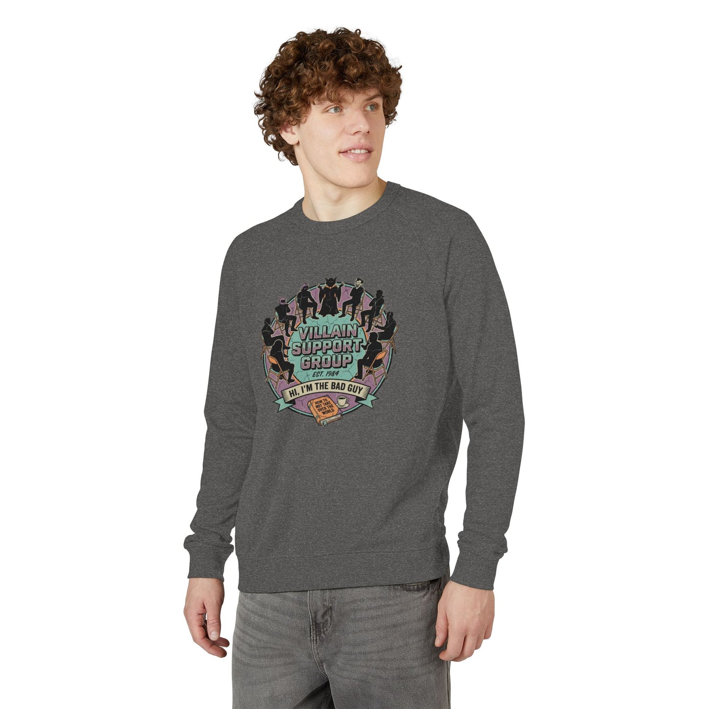 Villain Support Group Crewneck Sweatshirt — Fun Retro Graphic Pullover (We’re the Bad Guys)