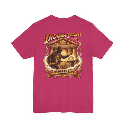 Indiana Scones Bakery Pop-Parody T‑Shirt — "It Belongs in a Bakery" Vintage 80's Adventure Bakery Tee