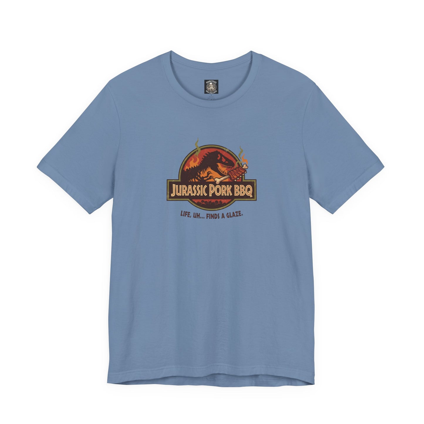 Jurassic Pork BBQ T-Shirt — Funny Dino Grilling Tee ("Jurassic Pork BBQ")