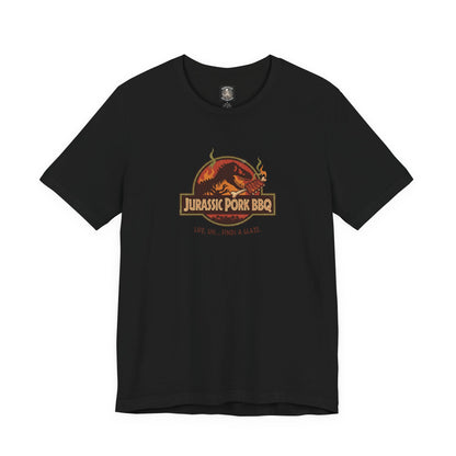 Jurassic Pork BBQ T-Shirt — Funny Dino Grilling Tee ("Jurassic Pork BBQ")
