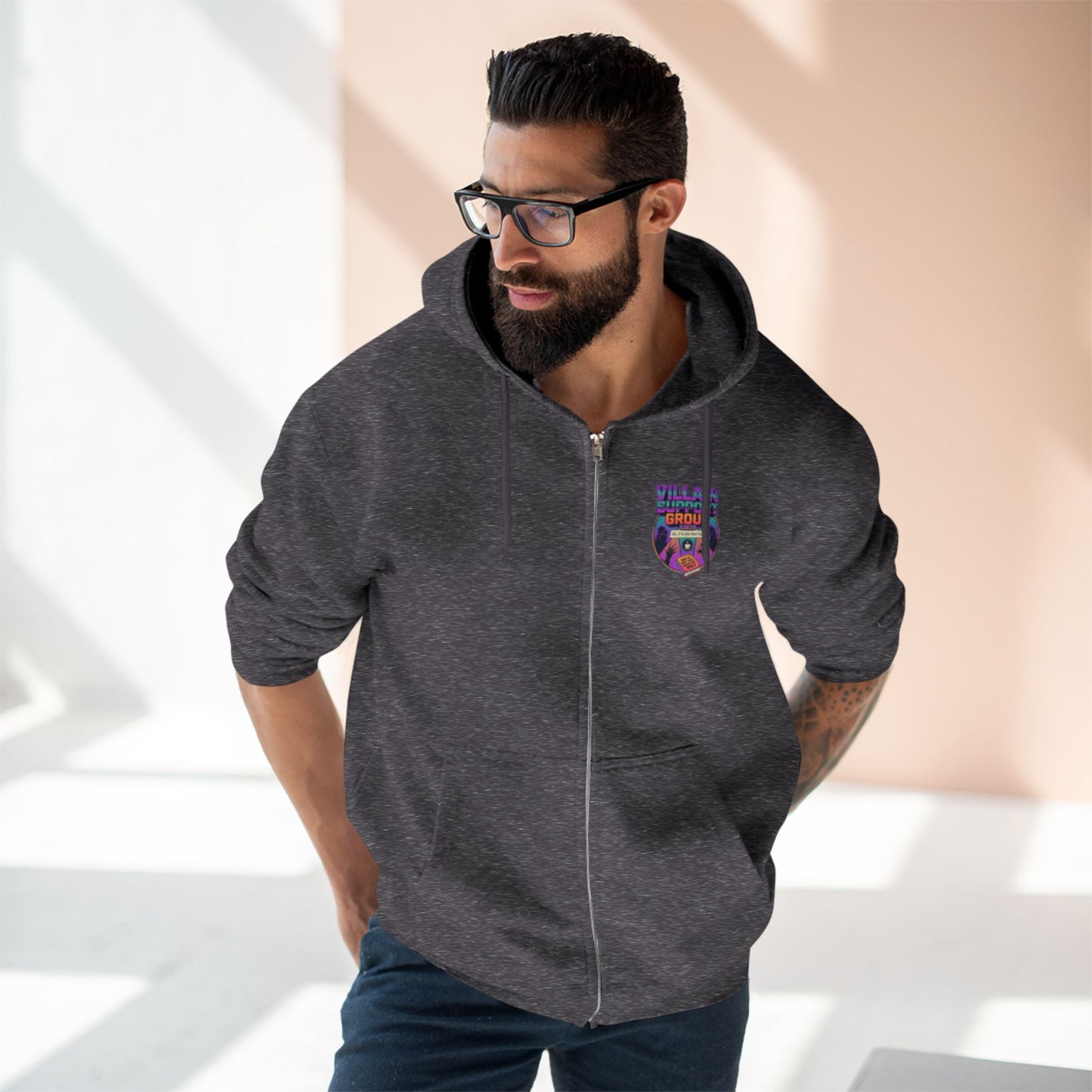 Villain Support Group Zip Hoodie — Retro Comic Supervillain Graphic