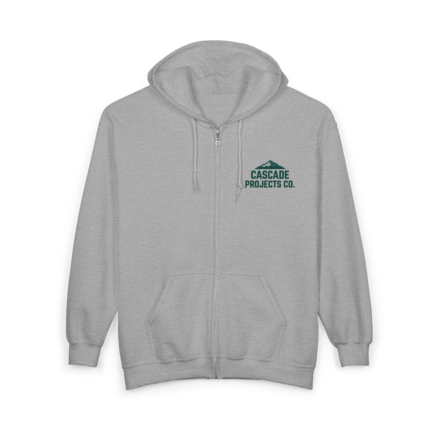 Cascade Projects Co. Zip Hoodie — Mountain Logo Full-Zip Sweatshirt