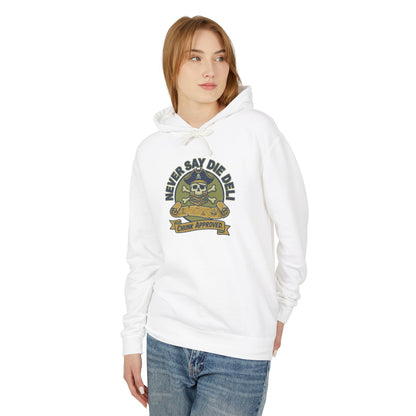 Never Say Die Deli Pullover Hoodie — Vintage Goonies-Inspired Hooded Sweatshirt