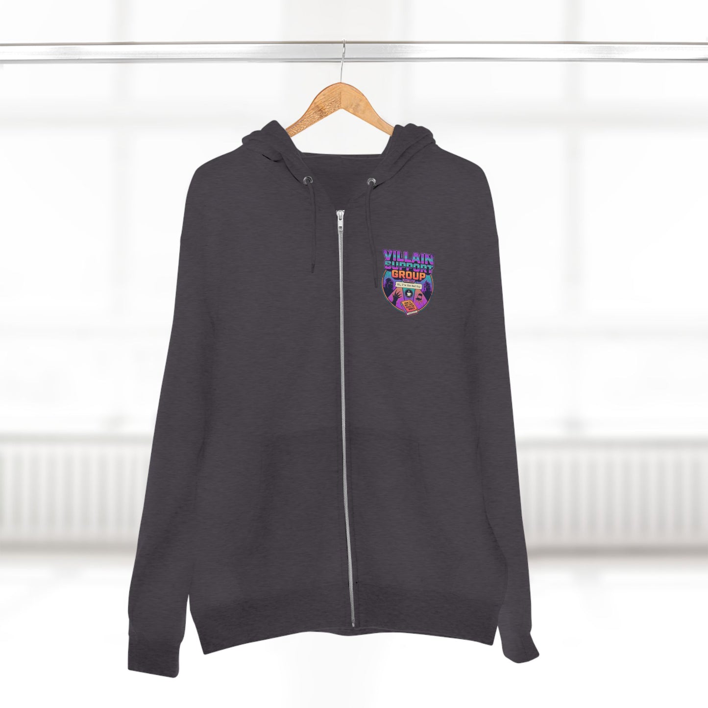 Villain Support Group Zip Hoodie — Retro Comic Supervillain Graphic
